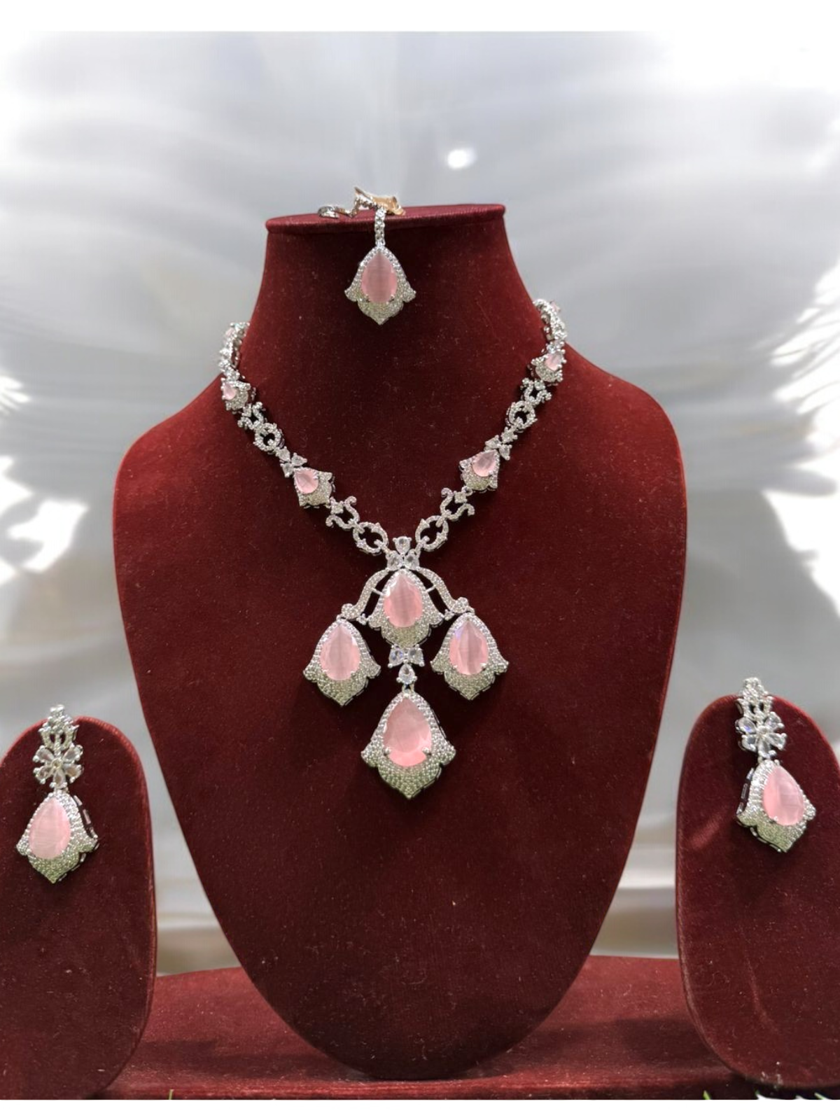 Indian Classic Silver CZ Necklace Earrings Maangtika Set, Pakistani Silver AD Necklace Set, Bollywood AD Jewelry Set, Celebrity Inspired CZ Necklace Set, WEdding AD Jewelry Set