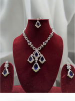 Indian Classic Silver CZ Necklace Earrings Maangtika Set, Pakistani Silver AD Necklace Set, Bollywood AD Jewelry Set, Celebrity Inspired CZ Necklace Set, WEdding AD Jewelry Set