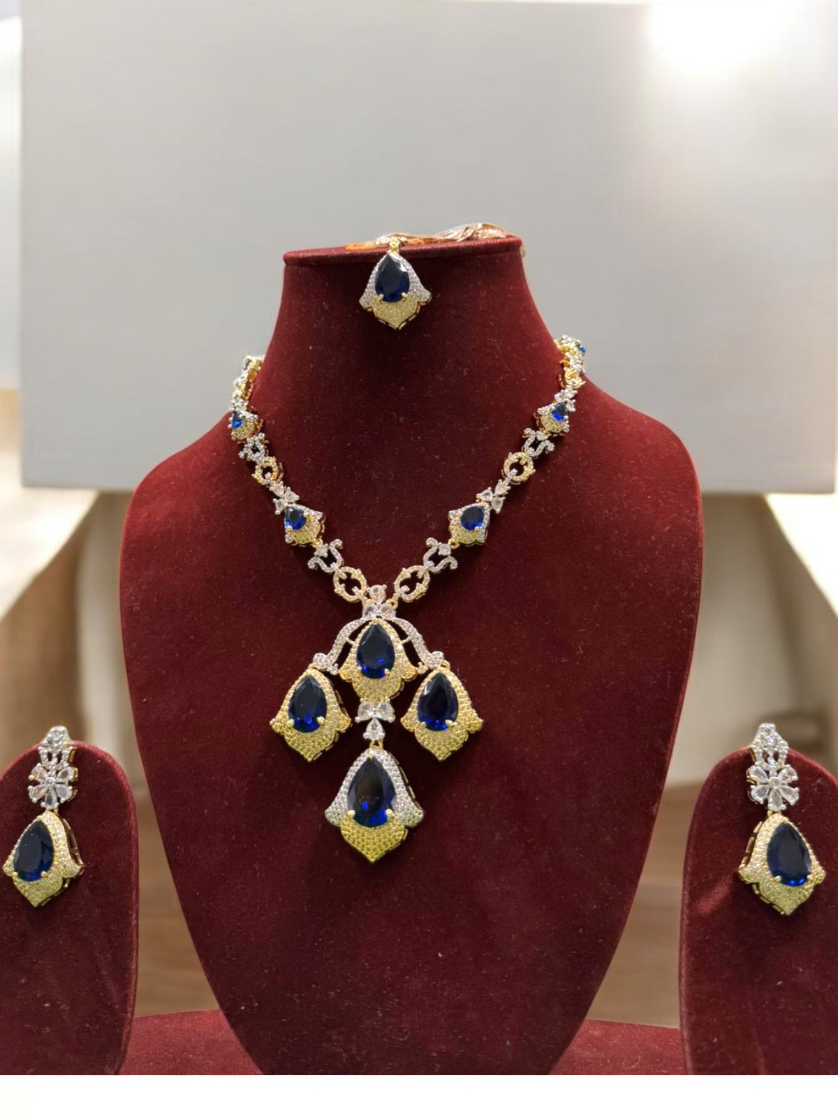 Bollywood Gold Plated AD Necklace Earrings Maangtika Set, Indian Gold Plated AD Necklace Set, Indian AD Jewelry Set, Bridal CZ Necklace Set