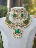 Jaipuri Moissanite Polki With Doublett Stones Necklace Earrings Set, Jaipuri Peacock Inspired Polki Necklace Set, Rajsthani Peacock Design Jewelry Set