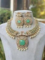 Jaipuri Moissanite Polki With Doublett Stones Necklace Earrings Set, Jaipuri Peacock Inspired Polki Necklace Set, Rajsthani Peacock Design Jewelry Set