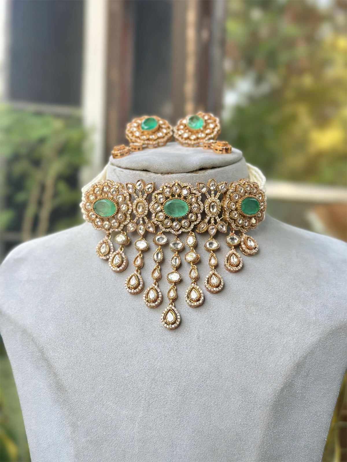 Rajsthani Ethic Polki Choker Earrings Indian Jewelry Set, Indian Polki Choker Set, Bollywood Polki Jewelry Set, Punjabi Polki Choker Set