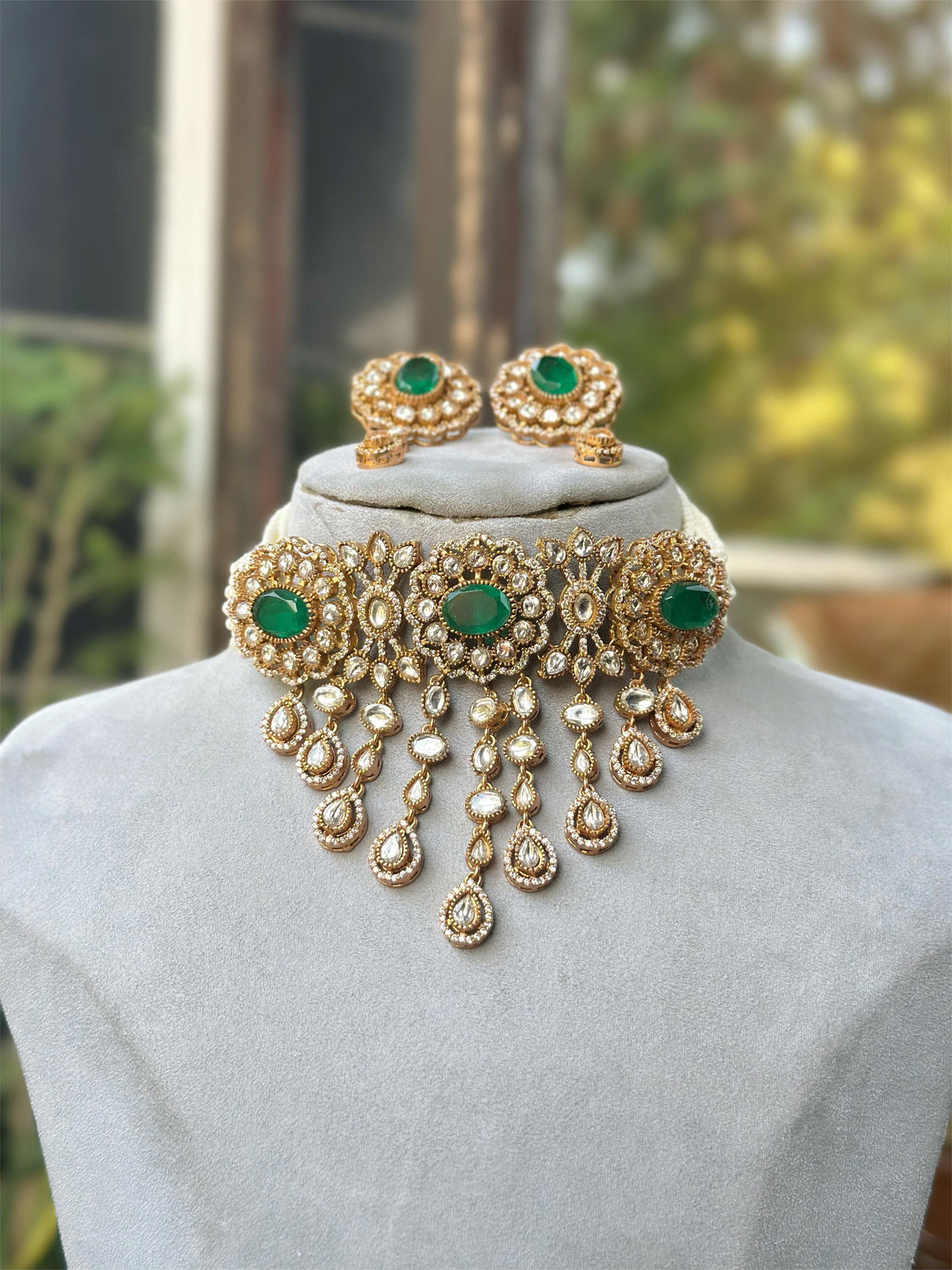 Rajsthani Ethic Polki Choker Earrings Indian Jewelry Set, Indian Polki Choker Set, Bollywood Polki Jewelry Set, Punjabi Polki Choker Set