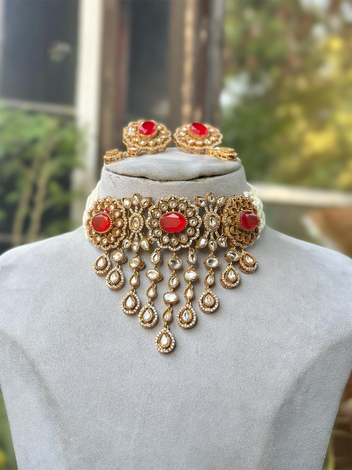 Rajsthani Ethic Polki Choker Earrings Indian Jewelry Set, Indian Polki Choker Set, Bollywood Polki Jewelry Set, Punjabi Polki Choker Set