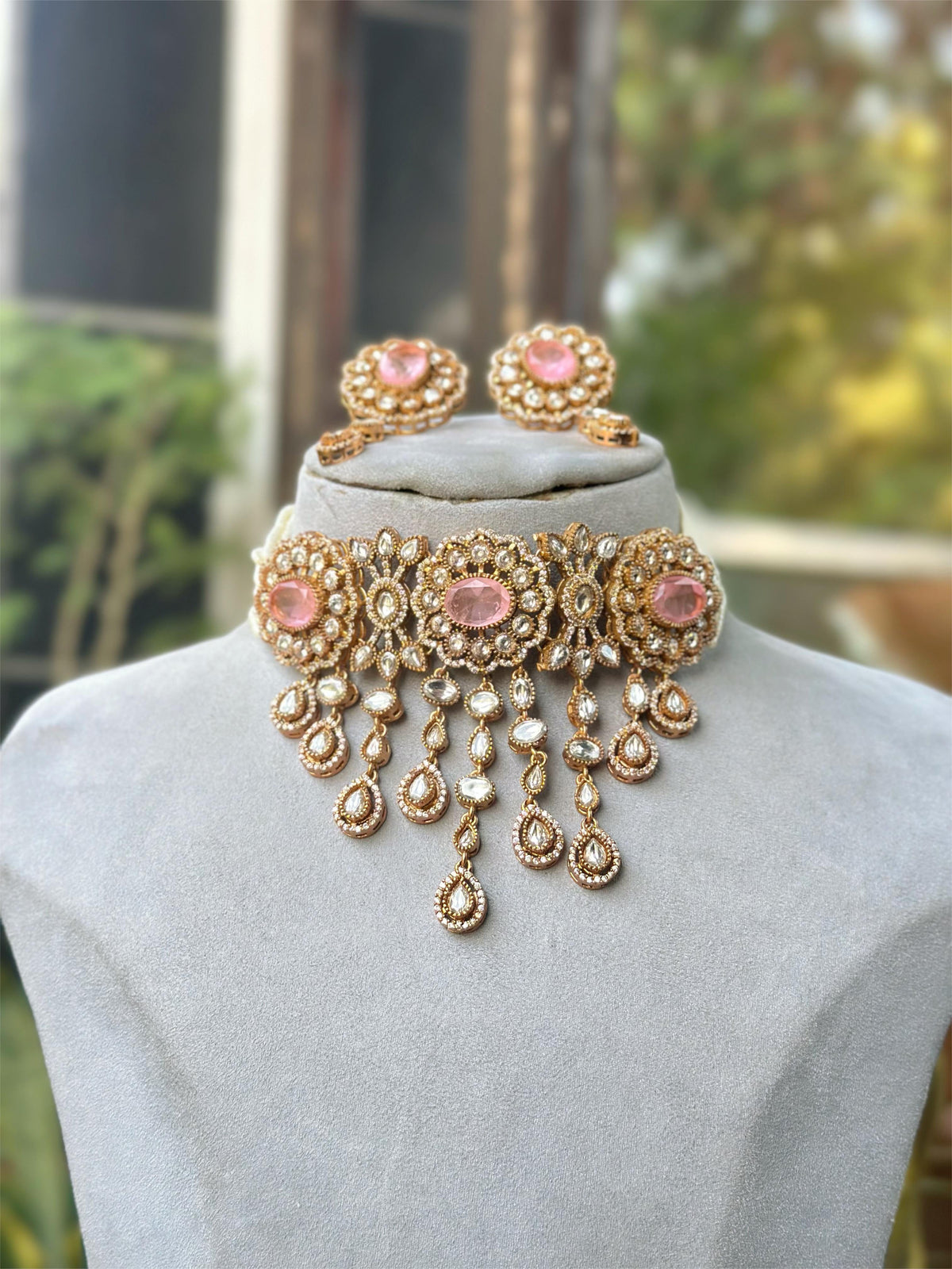 Rajsthani Ethic Polki Choker Earrings Indian Jewelry Set, Indian Polki Choker Set, Bollywood Polki Jewelry Set, Punjabi Polki Choker Set