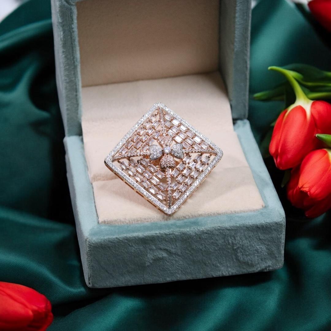 Square Floral Design Festive AD Ring For Ladies