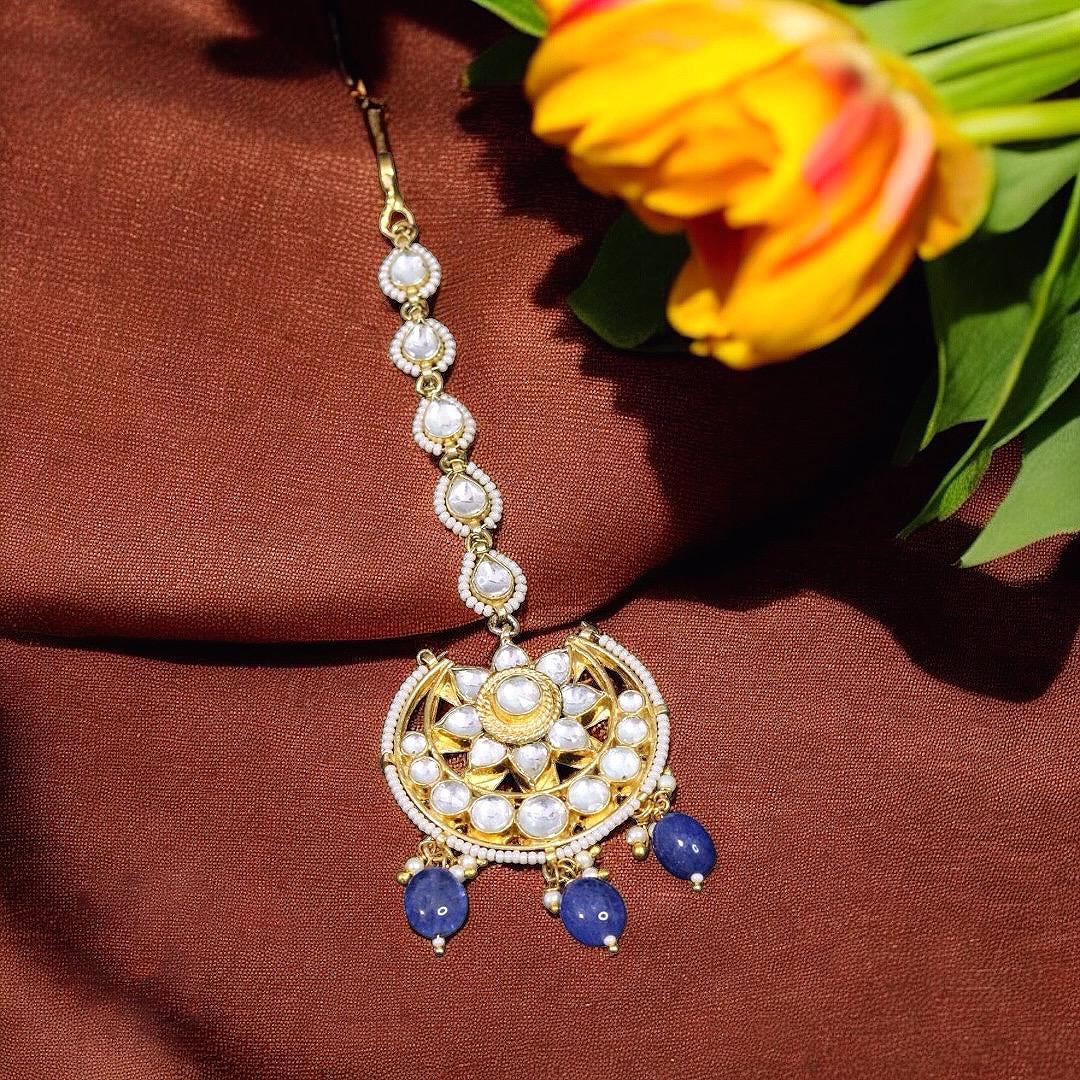 Blue Silver Plated Bridal Maangtikka For Wedding