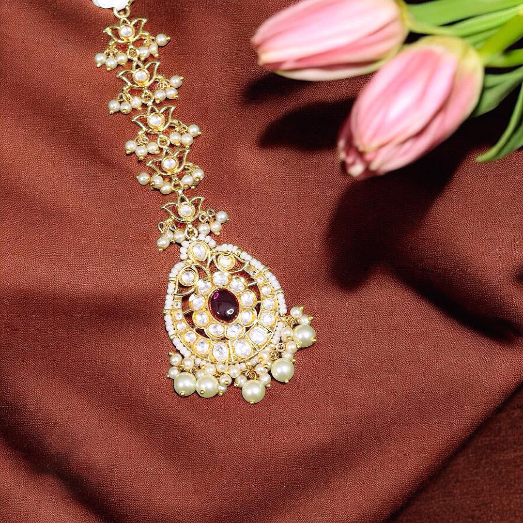 Red Bridal Gold Plated Maangtikka For Wedding