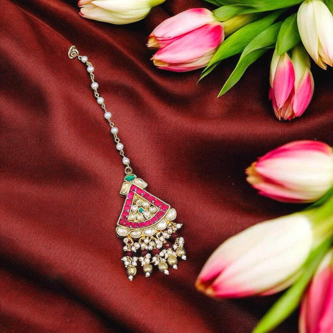 Deep Pink Jaipuri Gold Plated Mangtikka For Women