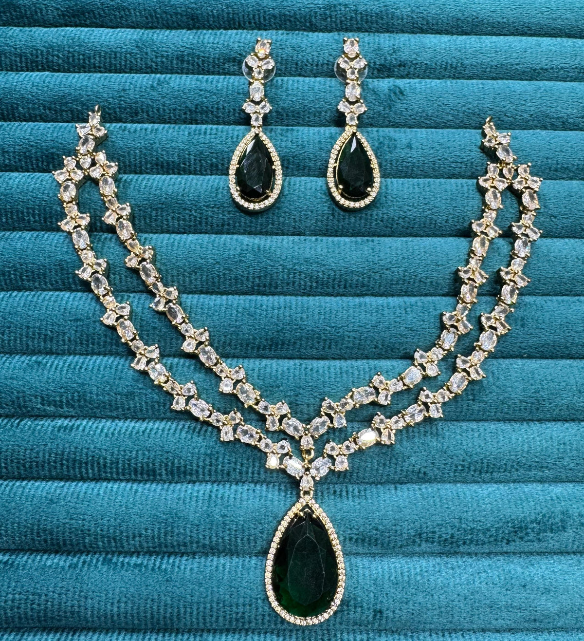 Celebrities Inspired Green Layered CZ Festive Necklace Set For Girls