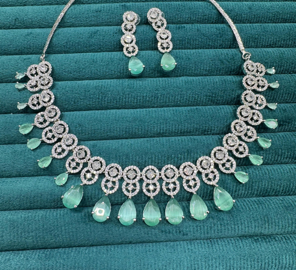 Bollywood Inspired AD Teardrop Silver Plated Necklace Set