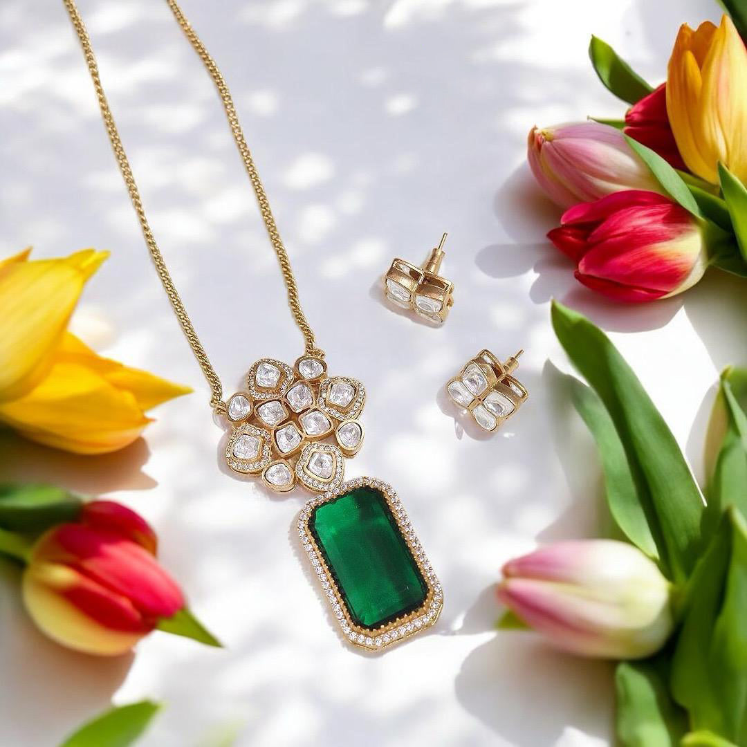 Chorus Shaped Gold Plated CZ Necklace Earrings Pakistani Jewelry Set