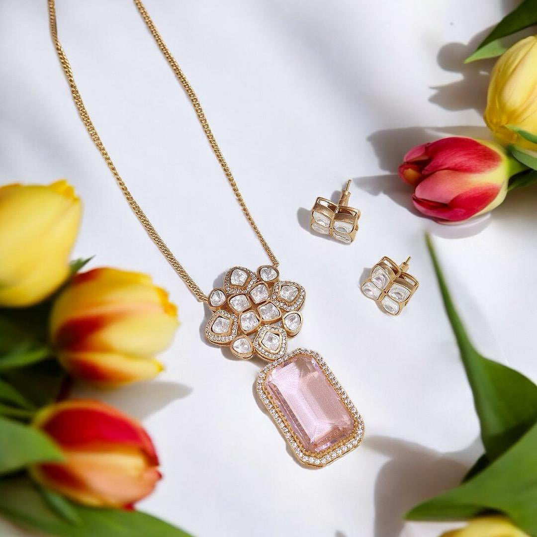 Chorus Shaped Gold Plated CZ Necklace Earrings Pakistani Jewelry Set