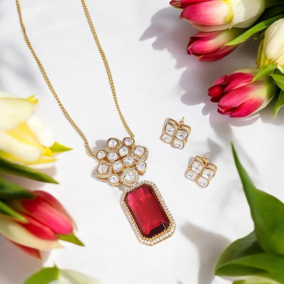 Chorus Shaped Gold Plated CZ Necklace Earrings Pakistani Jewelry Set