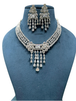 Tripple Layer Flower Design Silver Necklace Earrings Set For Women