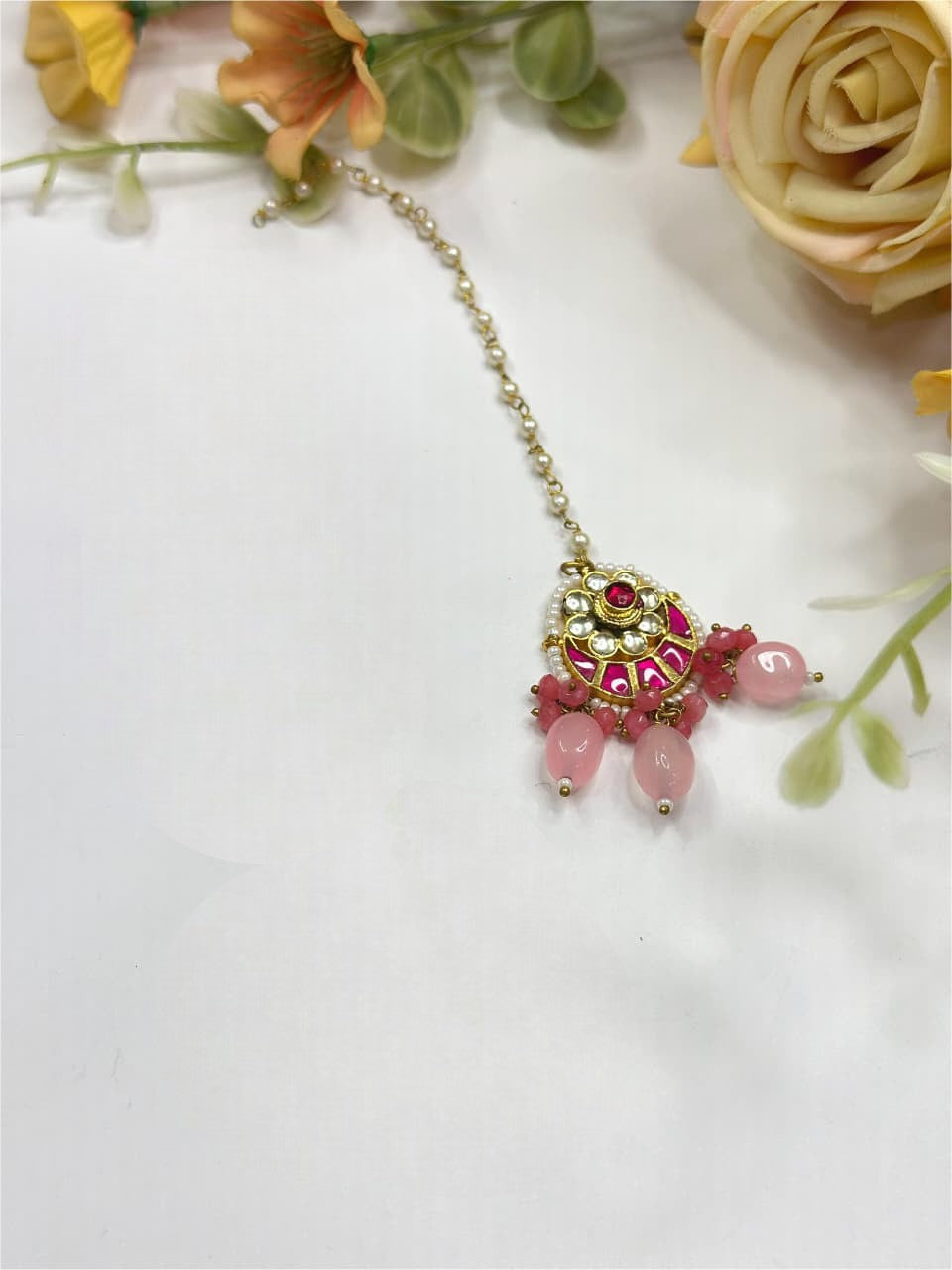 Traditional Kundan Maang Tikka with Pearls & Pink Stone Bridal Jewelry