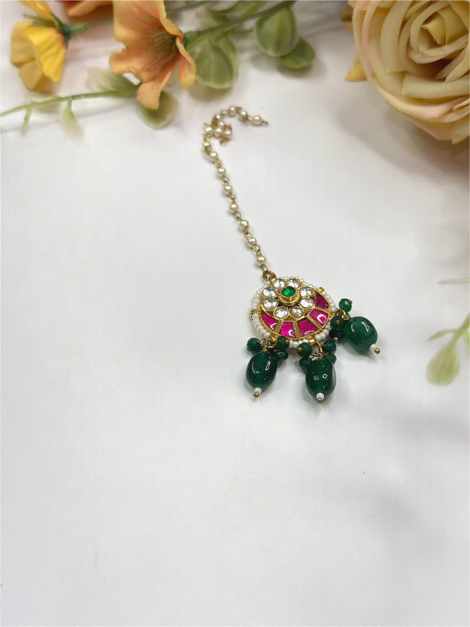 Traditional Kundan Maang Tikka with Pearls & Pink Stone Bridal Jewelry