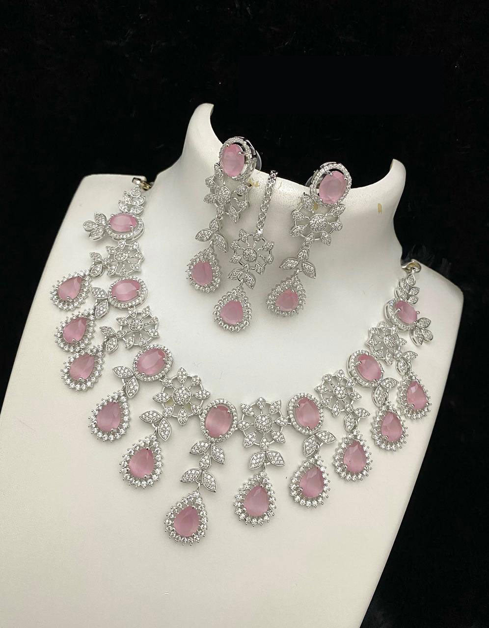 Bollywood Style American Diamond Choker Necklace Earrings Set with Maangtika forWedding and Engagement Occasions