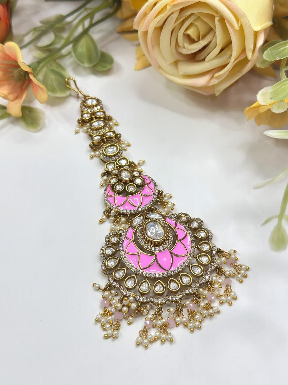 Elegant Green Kundan Maang Tikka with Pearl Drops | Indian Bridal Jewelry
