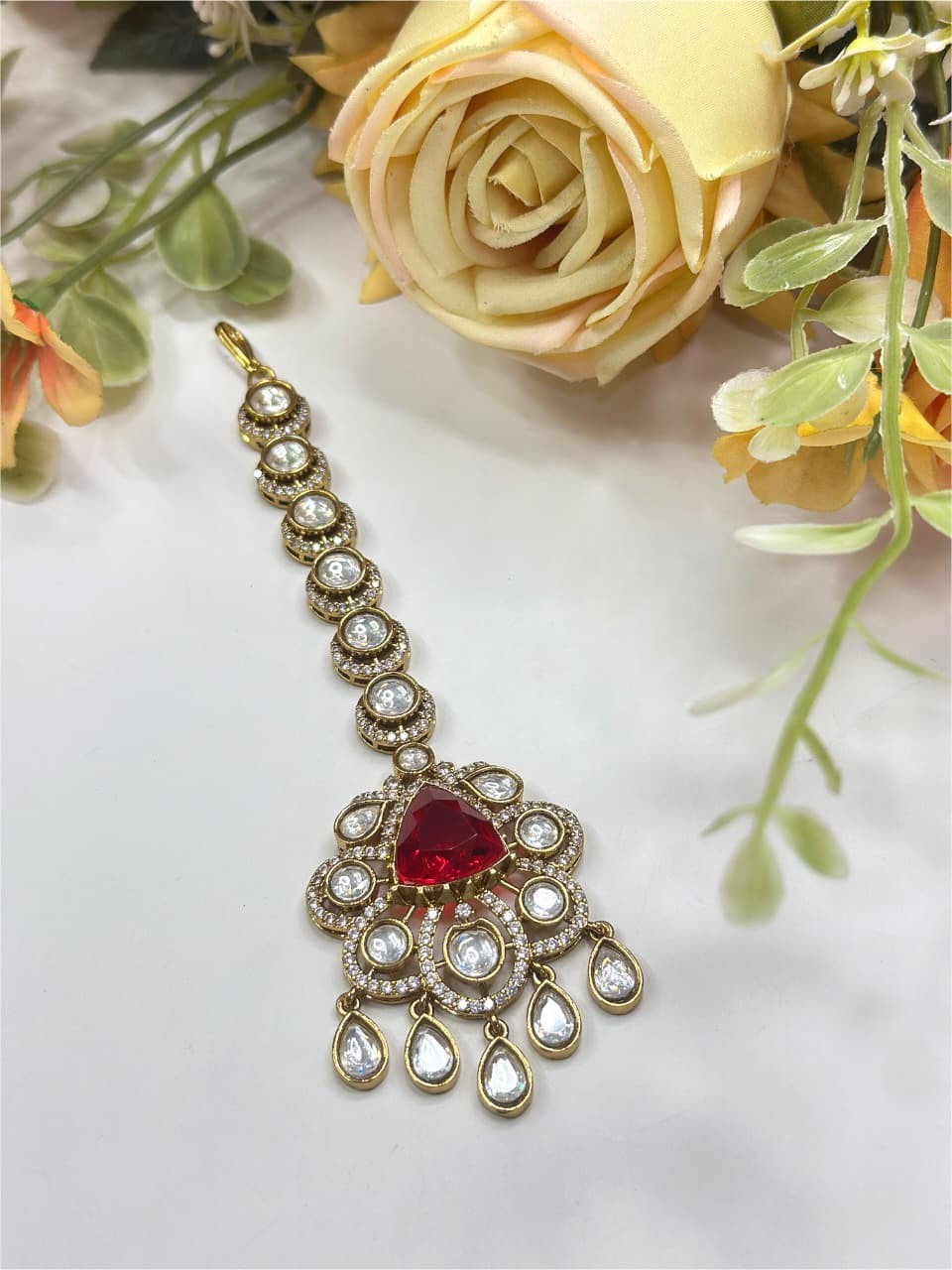 Royal Green Stone Kundan Maang Tikka | Indian Bridal & Festive Jewelry