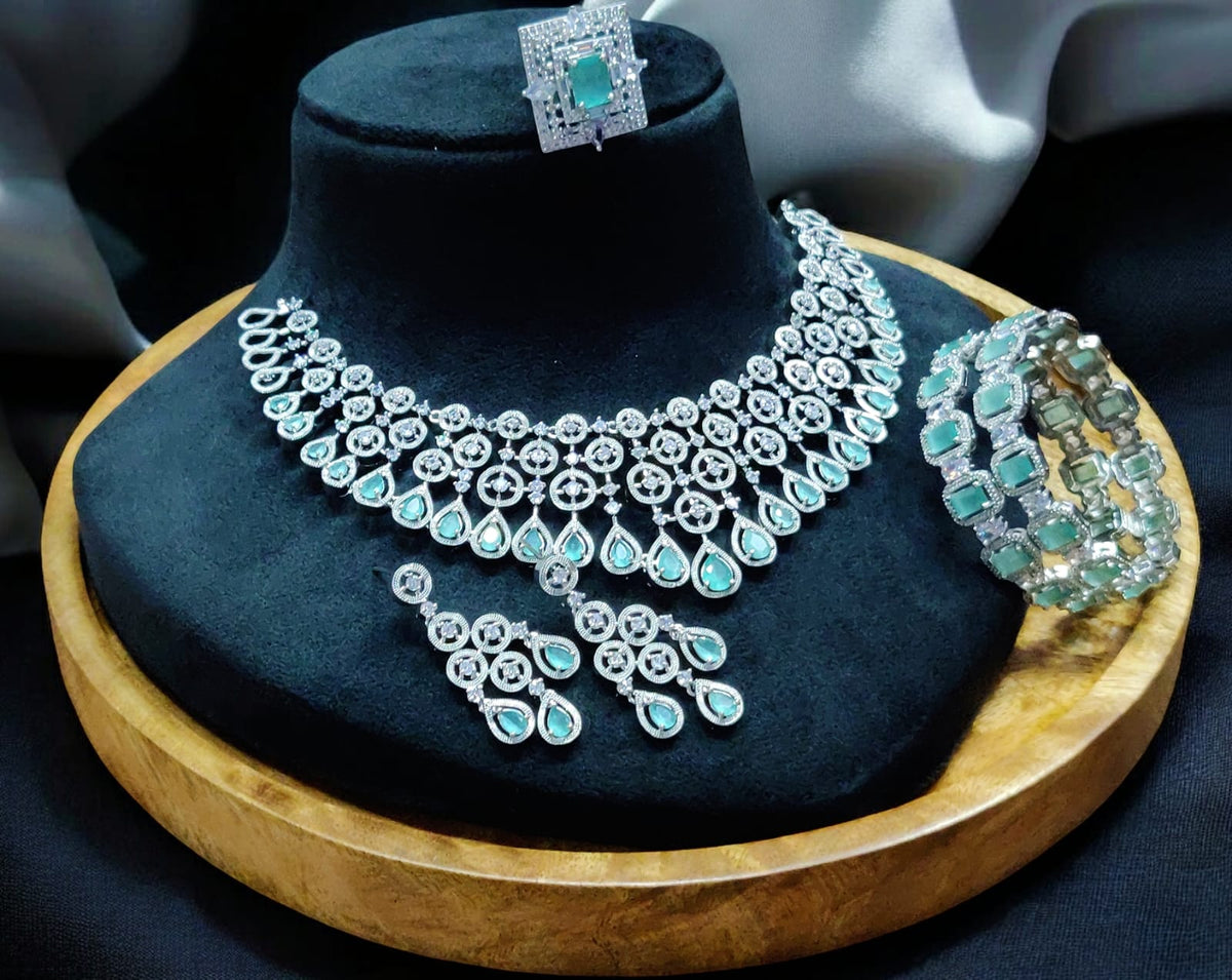 Stunning American Diamond Necklace Earrings Set with Bangles Ring, AD Necklace, AD Earrings Set, AD BAngles, AD Ring, Bridal CZ Jewelry Set, Indian AD Jewelry Set