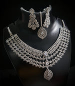 Elegant American Diamond Necklace With Earrings and Maangtika Set with Silver Finish Ideal for Bridal