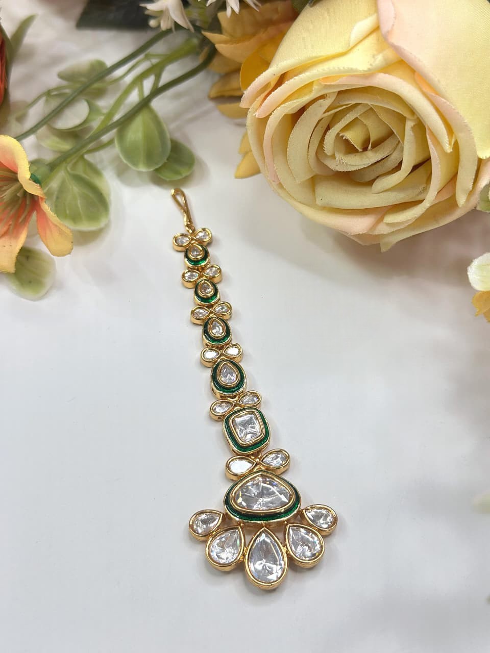 Elegant Green Kundan Maang Tikka with Clear Stones | Traditional Bridal Jewelry