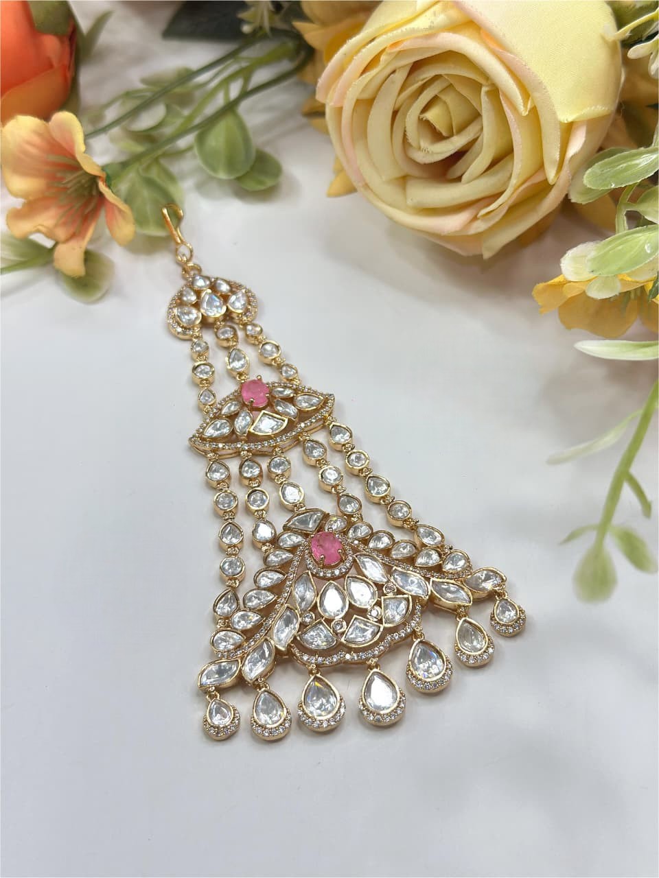 Grand Kundan Maang Tikka with Pink Center Stone & Layered Teardrop Crystals – Bridal Statement Jewelry