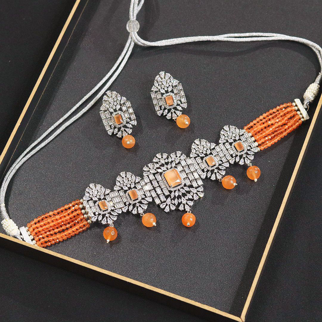 American Diamond Necklace Earrings CZ Jewelry Set for Bollywood-Inspired Bridal and Elegant Wedding Looks.
