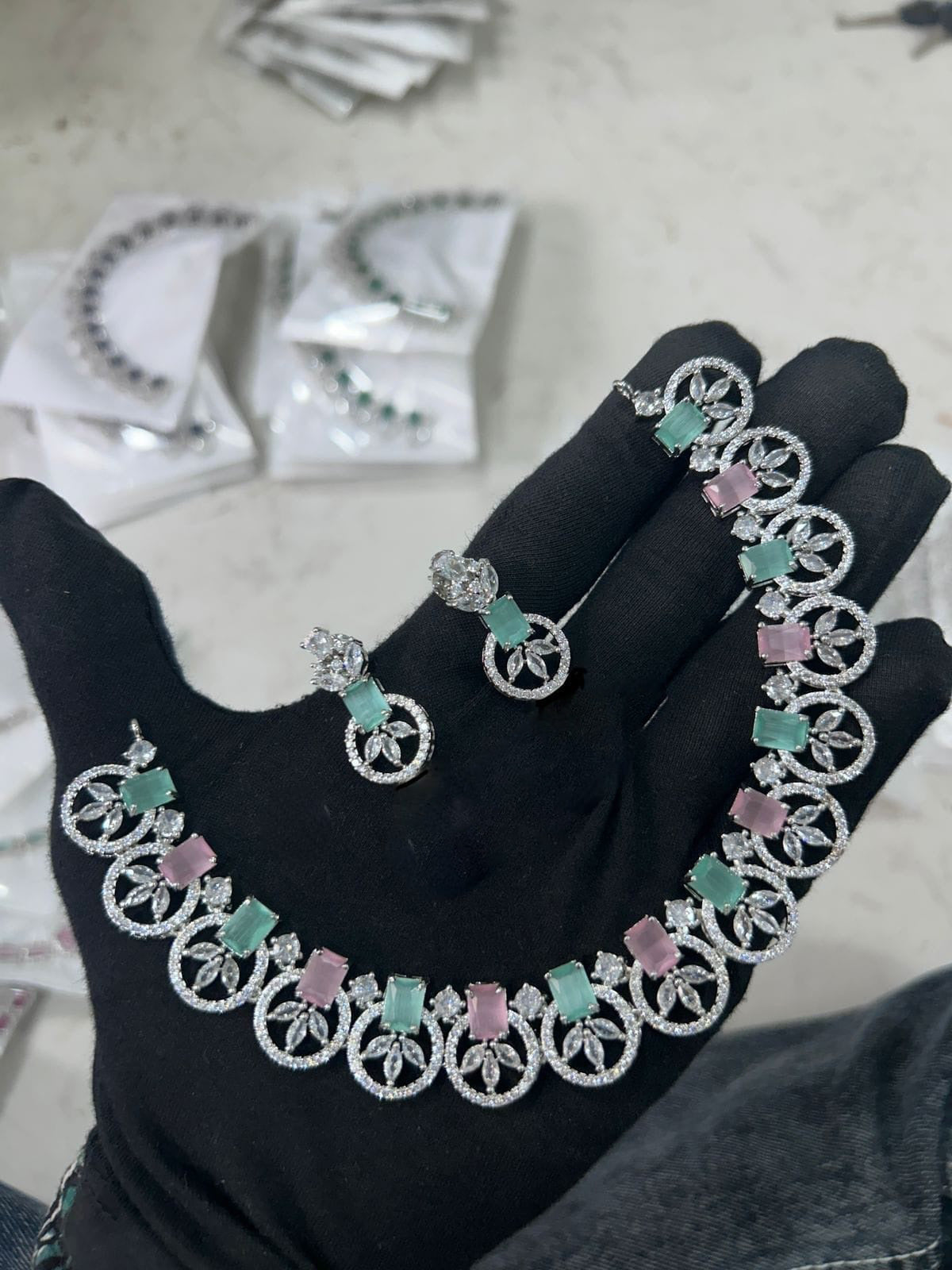 Crafted Bridal AD Necklace Earrings with American Diamond CZ for Elegant Wedding Glamour And Perfection