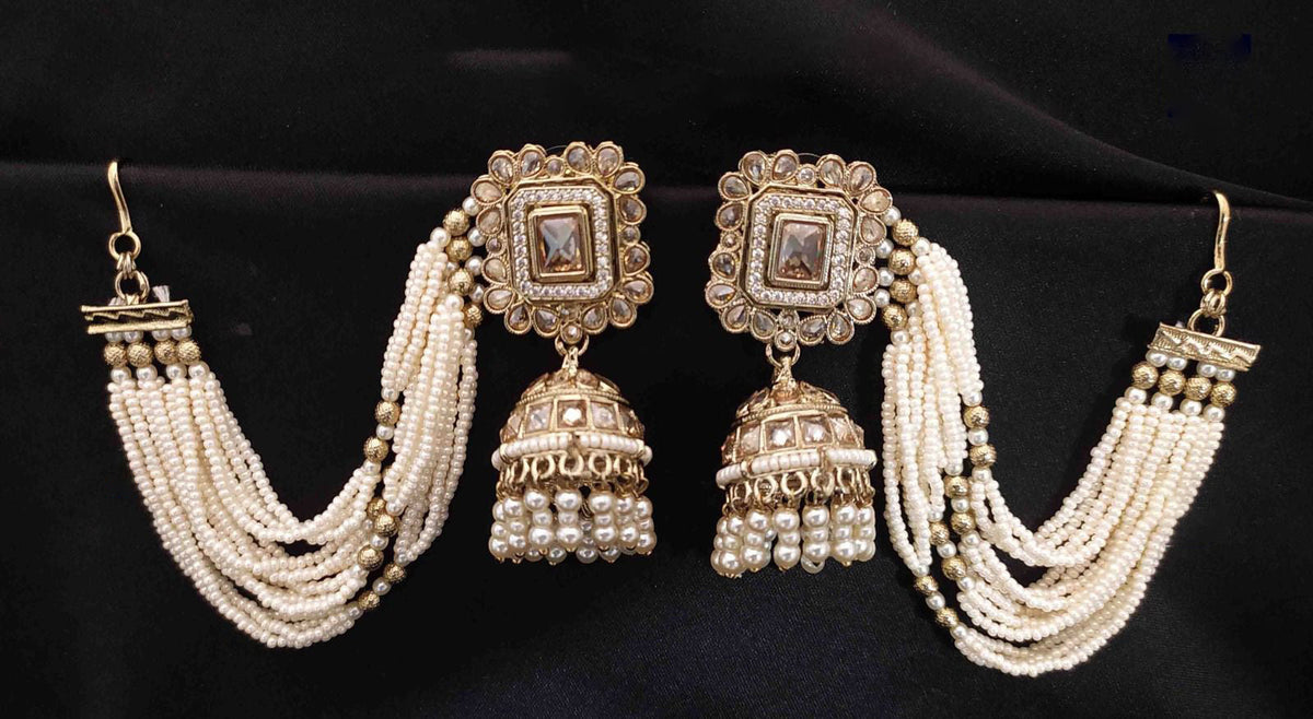 Gold Jhumka Ethnic Earrings with Pearl Beads Square Stones Layered Design Indian Traditional For Bridal Engagement