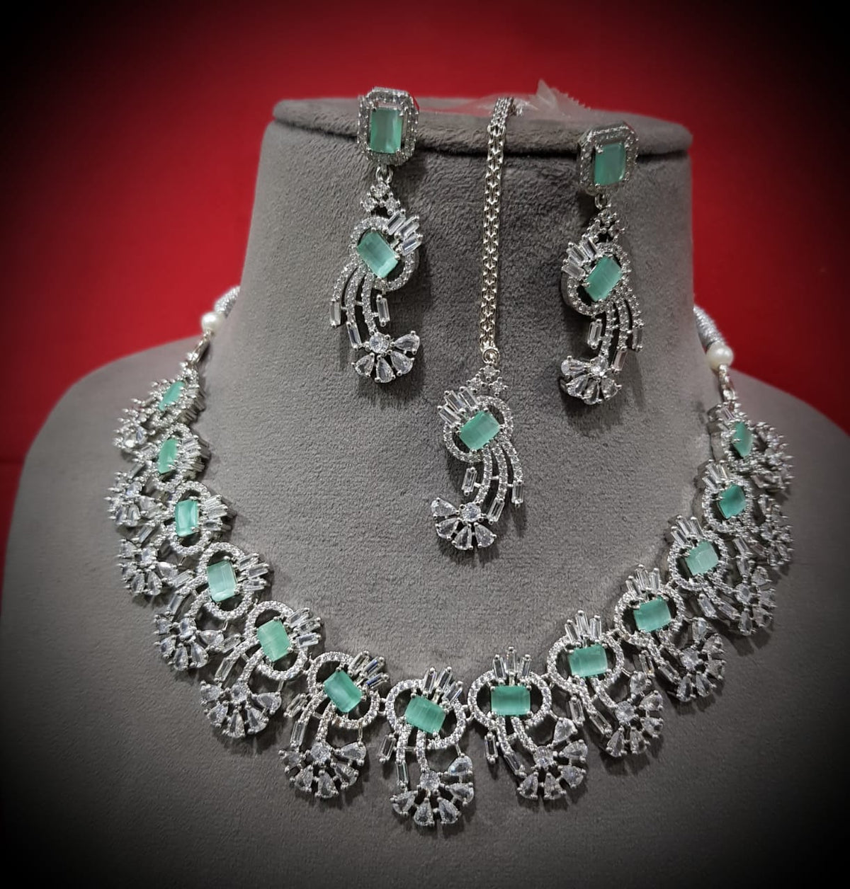 Indian Pastel Necklace Earrings Maang Tikka Set Bridal Jewelry Floral Ethnic Wedding Traditional Chic Fashion Elements. 