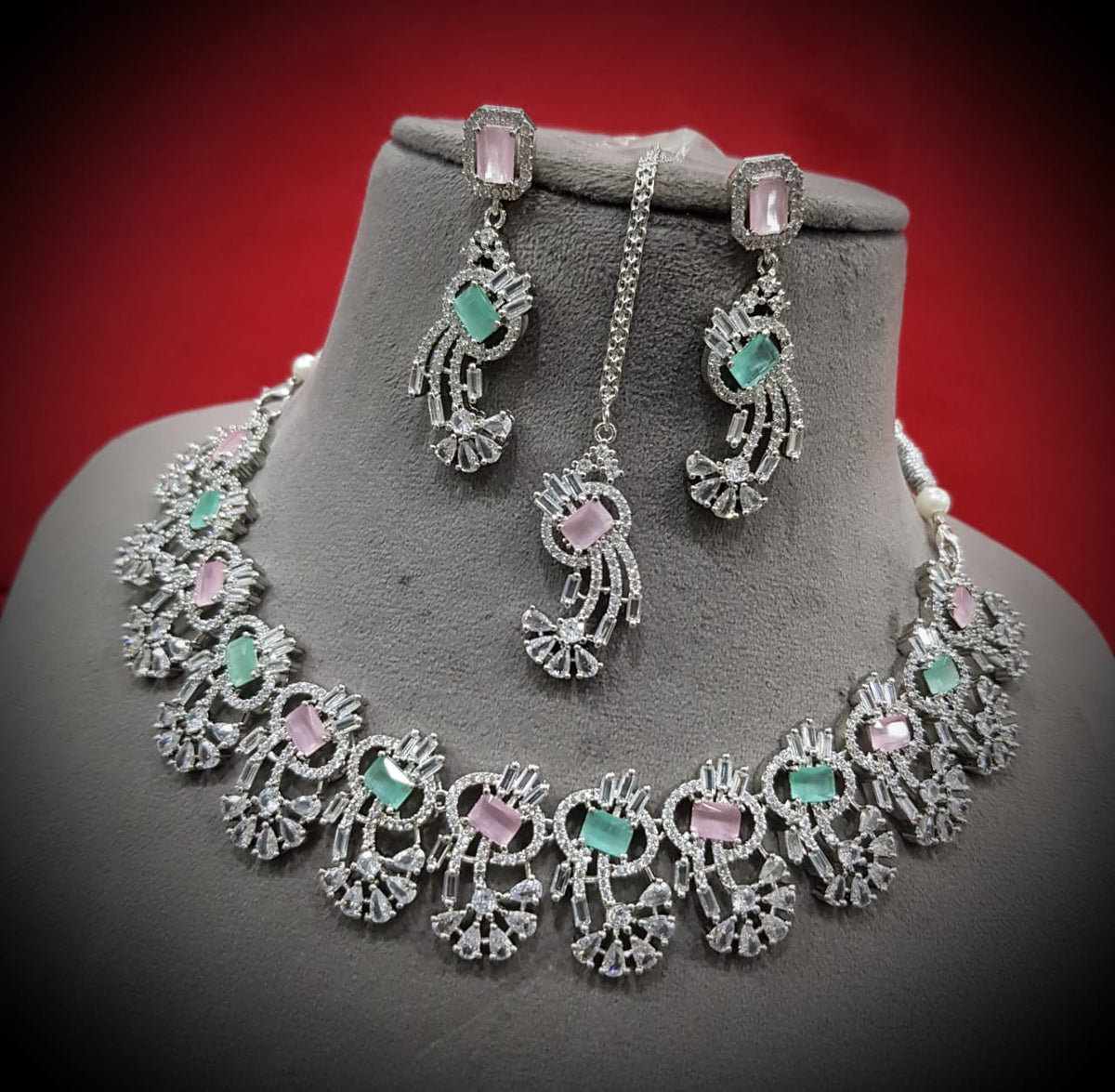 Indian Pastel Necklace Earrings Maang Tikka Set Bridal Jewelry Floral Ethnic Wedding Traditional Chic Fashion Elements. 
