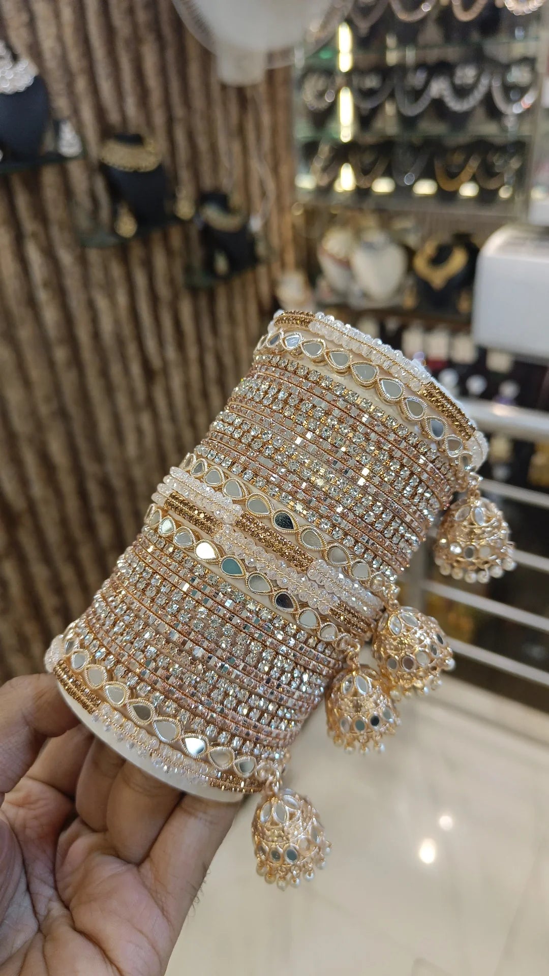 Rose Gold Bangle Set with Mirror Work Tassels Jewelry