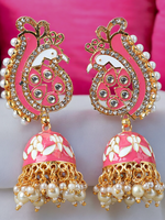Pastel Pink Peacock Shaped Gold Plated Meenakari Jhumka Set