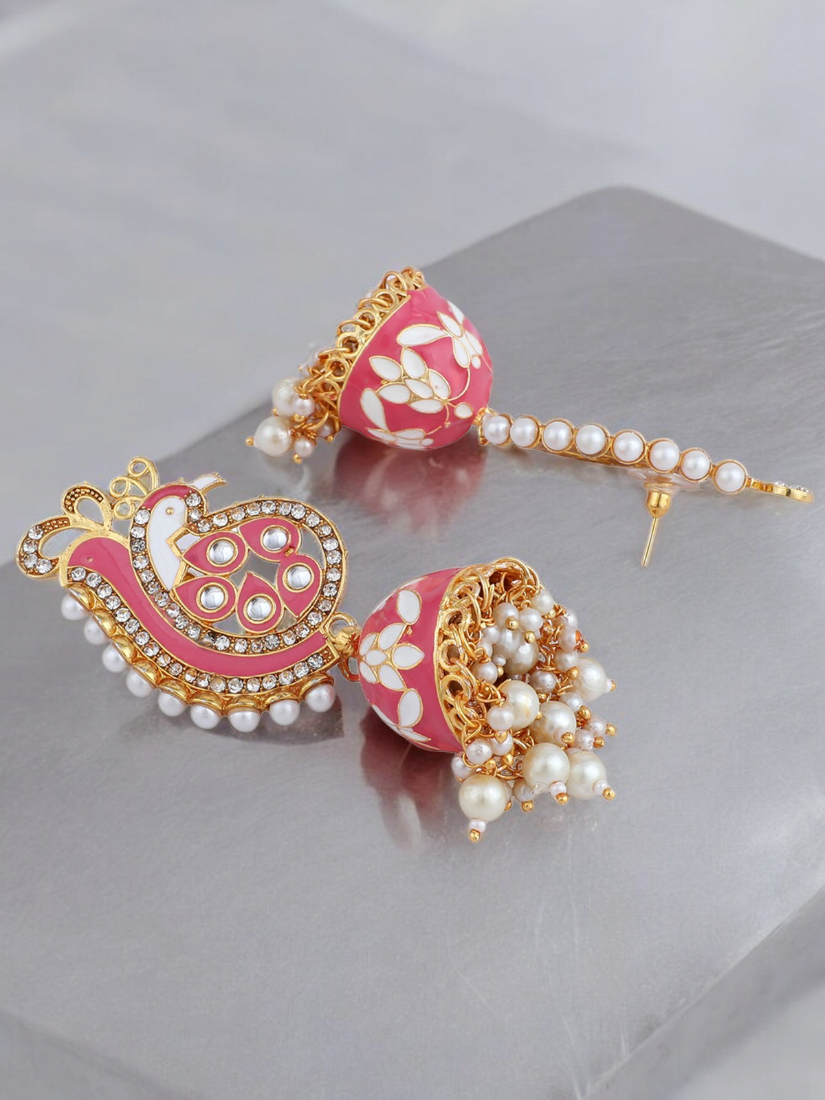 Pastel Pink Peacock Shaped Gold Plated Meenakari Jhumka Set