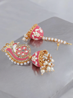 Pastel Pink Peacock Shaped Gold Plated Meenakari Jhumka Set
