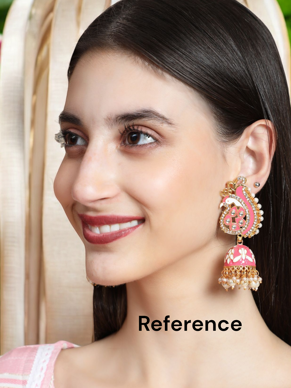 Pastel Pink Peacock Shaped Gold Plated Meenakari Jhumka Set