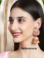Pastel Pink Peacock Shaped Gold Plated Meenakari Jhumka Set