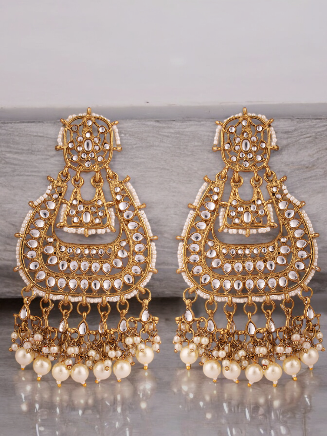 Gold Plated Partywear Kundan Studded Designer Drop Earrings, Indian Earrings Set