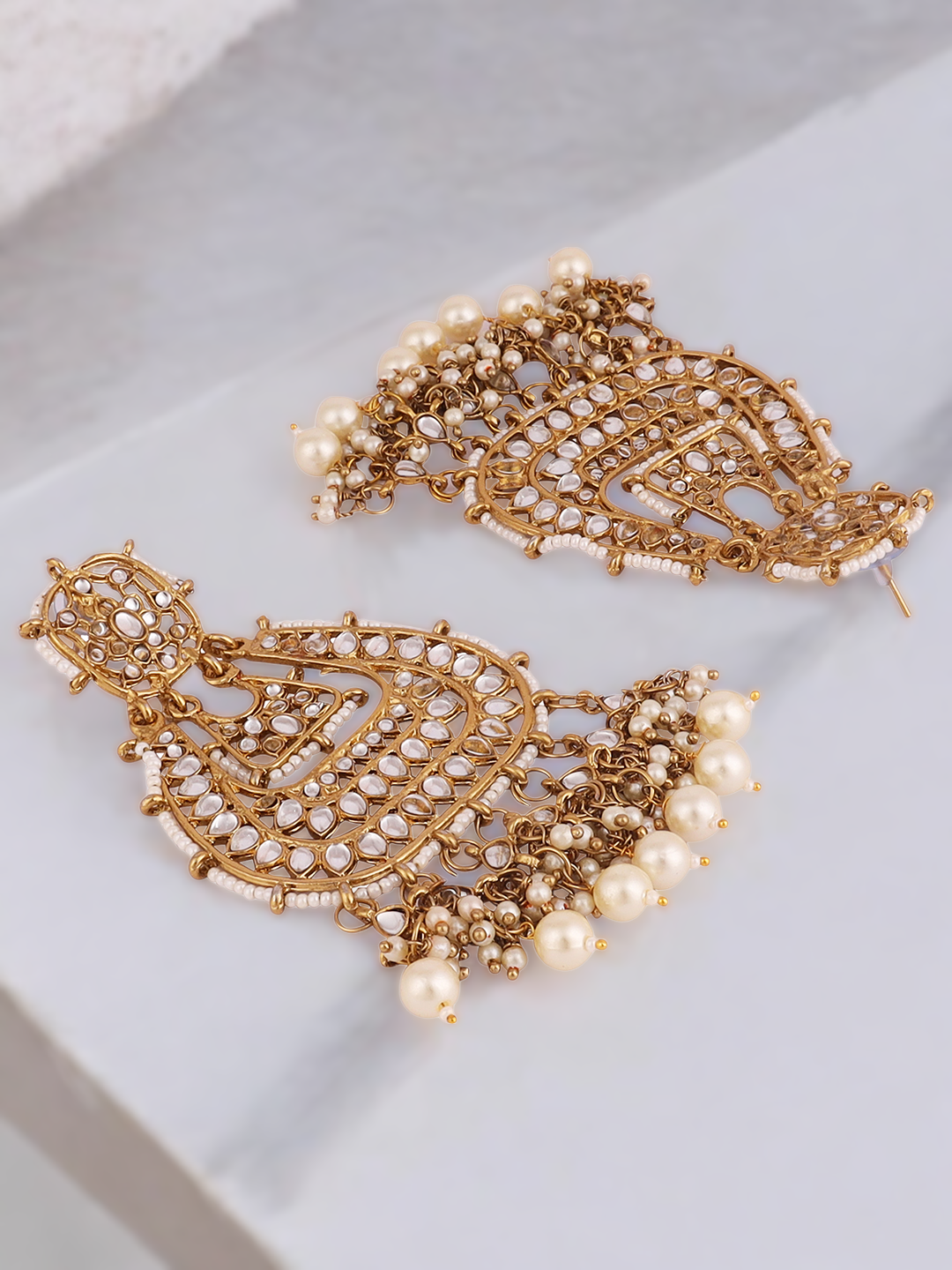 Gold Plated Partywear Kundan Studded Designer Drop Earrings, Indian Earrings Set