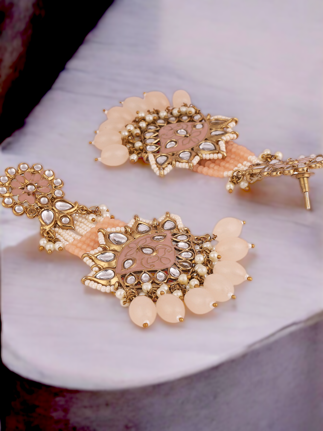 Gold Plated Partywear Meenakari Kundan studded Pastel Colour Earring Set