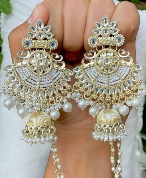 Indian Jhumki Earrings Pearl Kundan Jewelry Set , Pearl Beaded Jhumki Earrings, Bridal Jhumki Set, Bollywood Statement Earrings