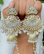 Indian Jhumki Earrings Pearl Kundan Jewelry Set , Pearl Beaded Jhumki Earrings, Bridal Jhumki Set, Bollywood Statement Earrings