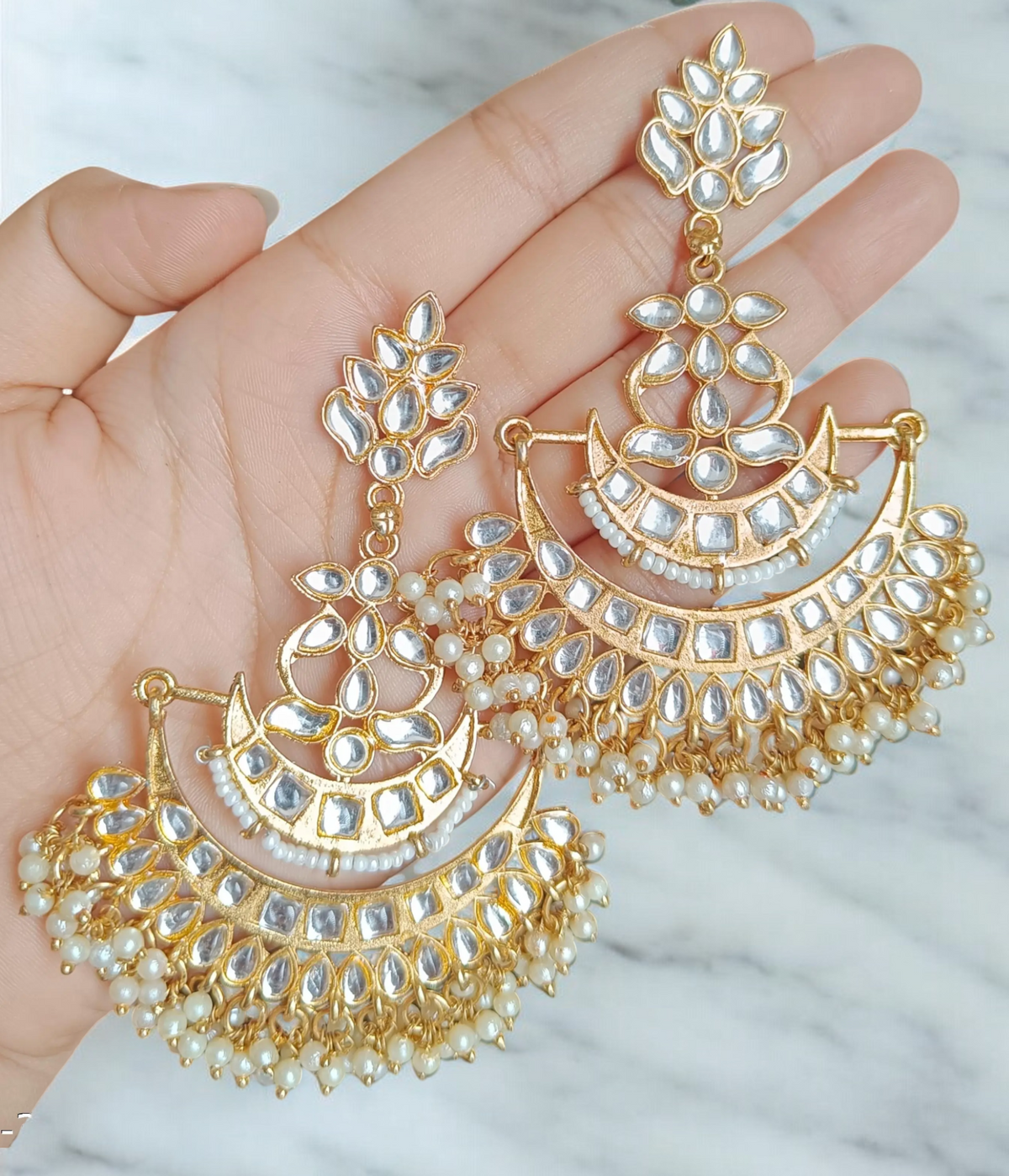 Gold Plated Kundan Pearl Indian Earrings Set,Fine Kundan Earring, Indian Earrings, Chandbali Kundan