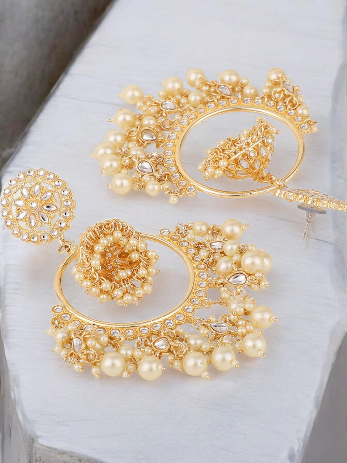 Indian Gold Hoop Pearl Kundan Earrings Set, Statement Earrings, Bollywood Earrings, Indian Earrings Jewelry, Bridal Pearl Kundan