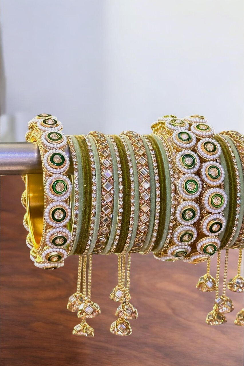 Indian Mint Velvet Pearl Bangle Chura Set, Fashion Bracelet, Chura Set, Indian Chura Set, Bridal Kada Set