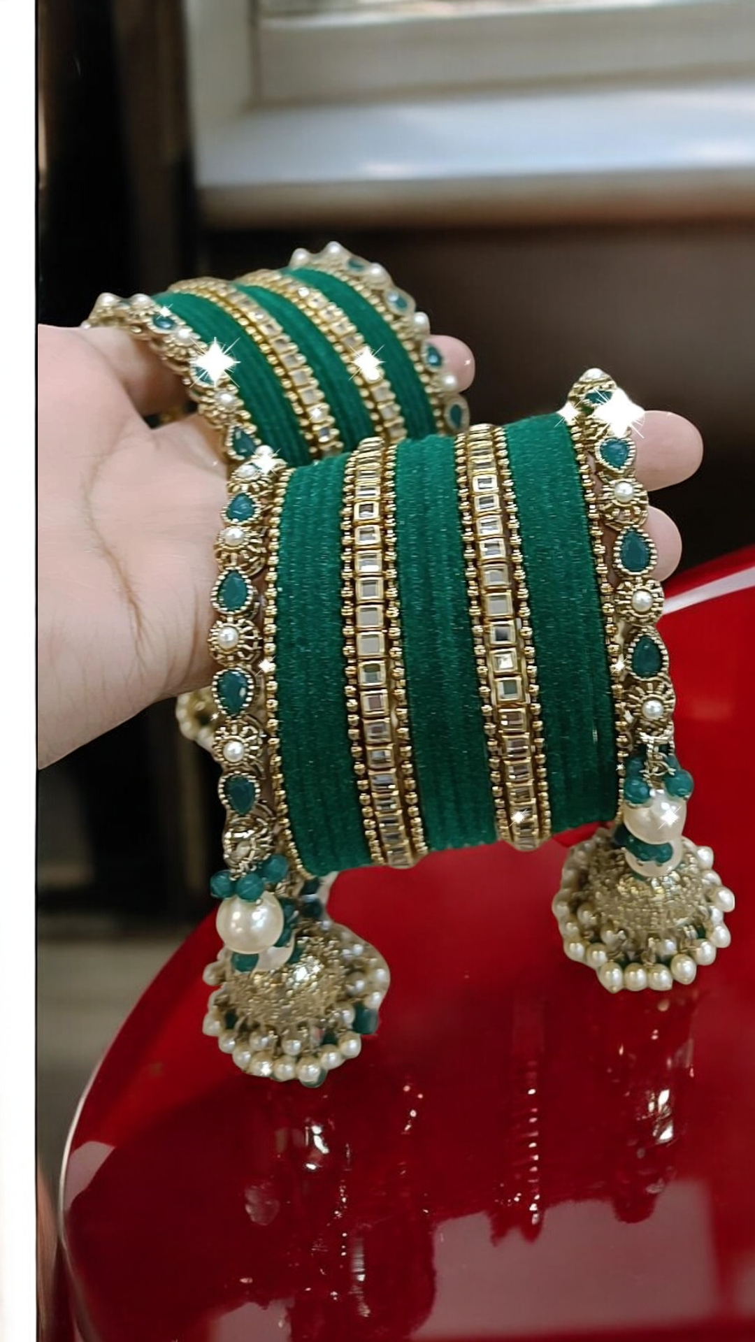 Bridal Jewellery Indian Bangle Jhumki Set, Pearl Chooda Set, Green Bangles, Bridal Jewellery, Indian Chura Set, Wedding Bangle, Jewelry Set