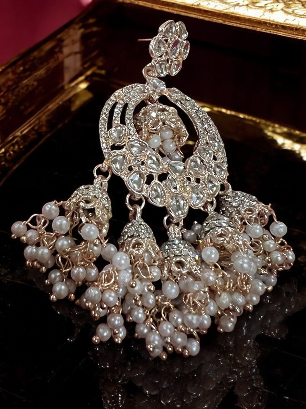 Rose Gold Indian Pearl Chandbali Earring Jewelry, Pearl Chandbali, Pearl Earrings, Kundan Jhumkas, Bridal Earrings, Wedding Jewelry