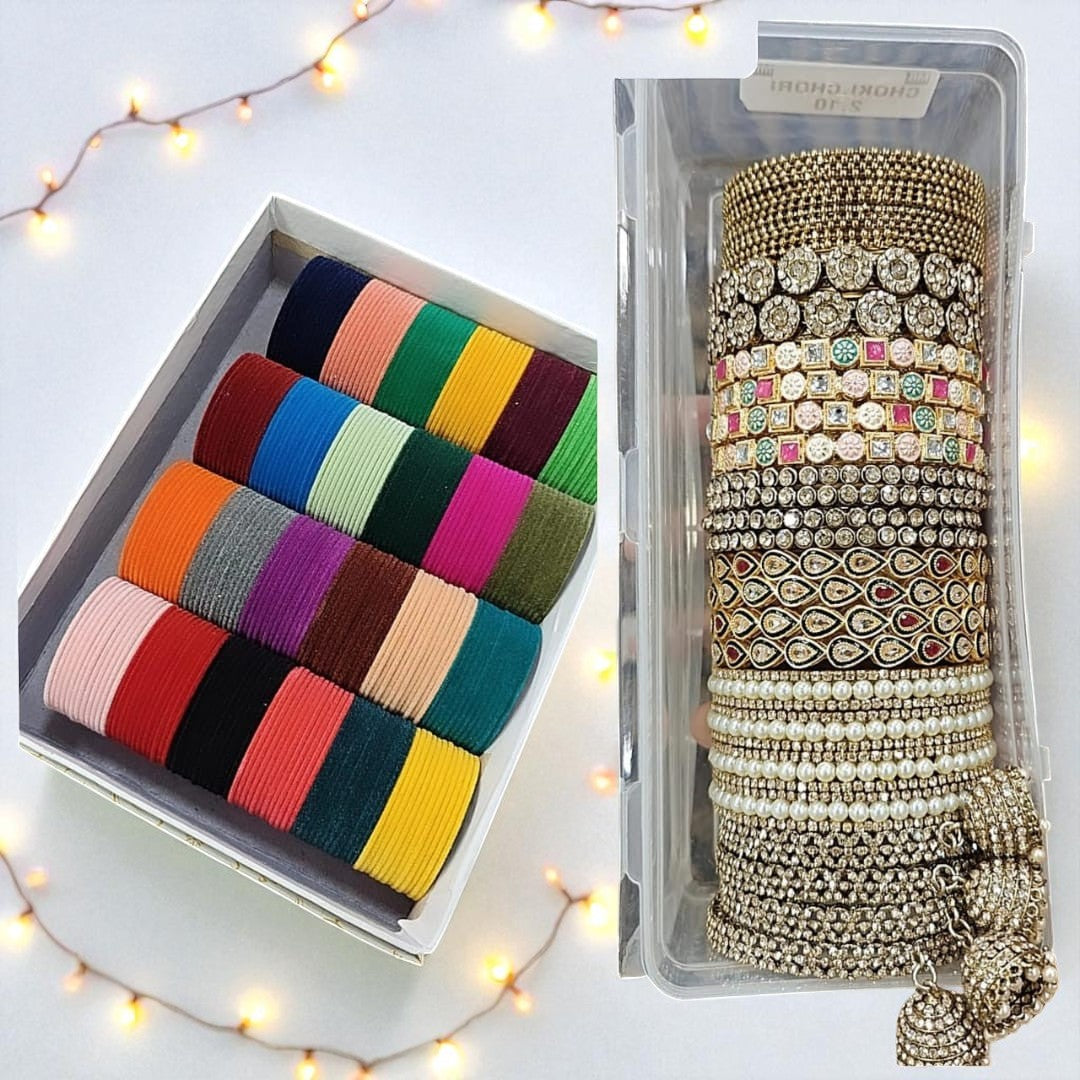 ISHQ Combo Box Indian Bridal Bangles Set, Zari & Metal Bangles, Pakistani Wedding Jewelry Combo